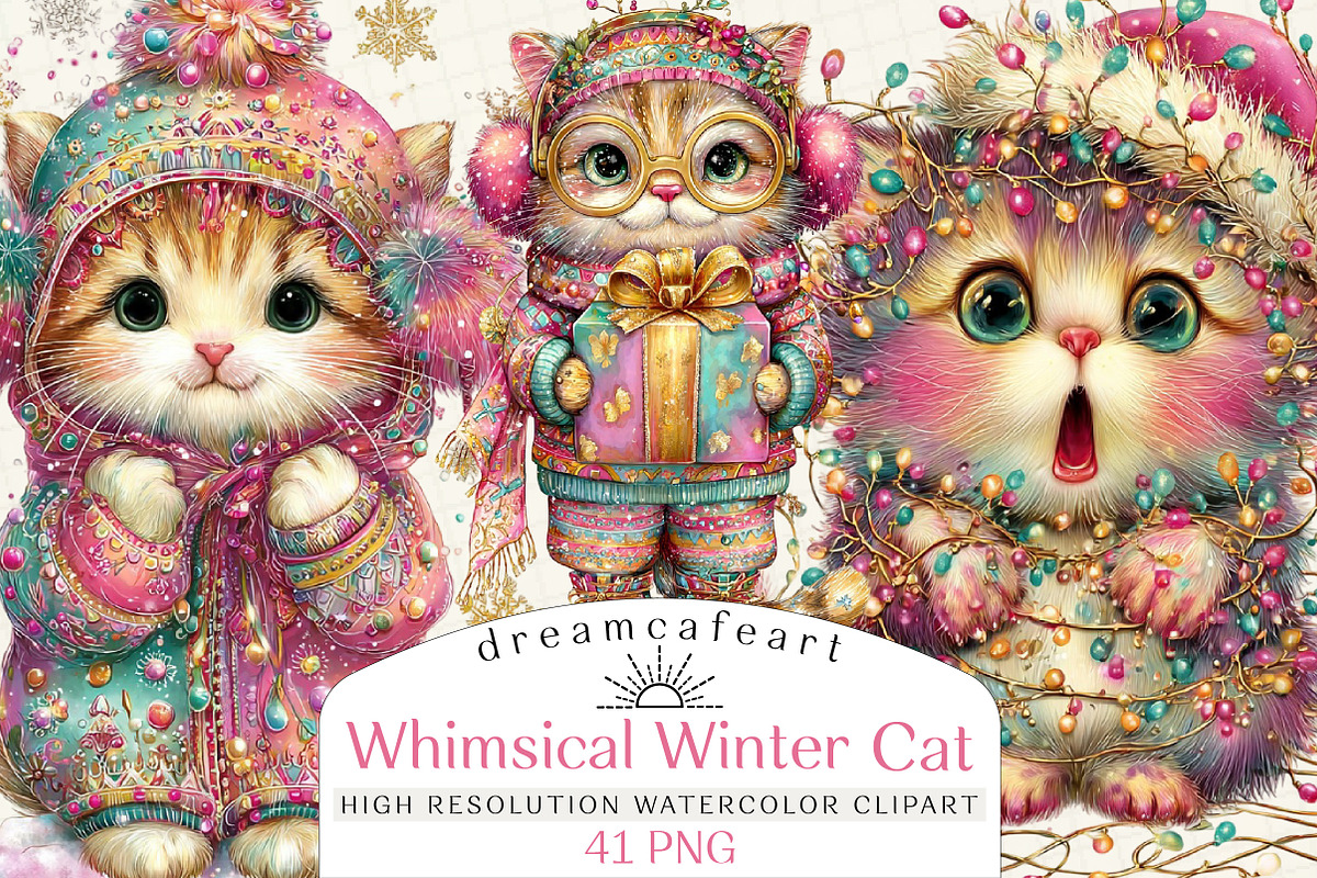 Whimsical Winter Cat Clipart, an Illustration by DreamCafeArt (Photo 1 of 8)