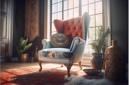 Cozy curved tufted chair near window, a Background Photo by Ylivdesign
