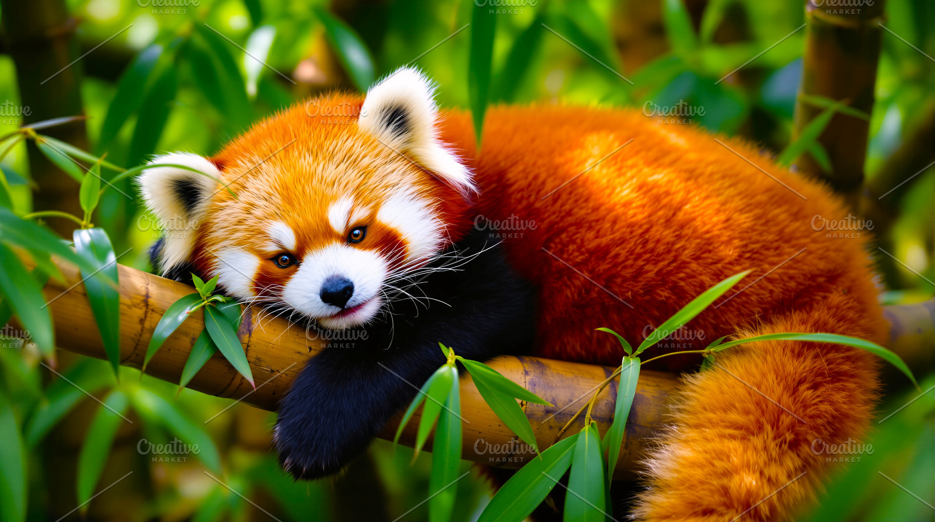 Cute Red Panda on a Bamboo Branch, an Animal Photo by Rafoz