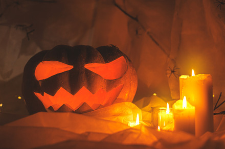 Happy Halloween! Jack o lantern carved pumpkin, spider web, ghos, a Holiday Photo by Sonjachni