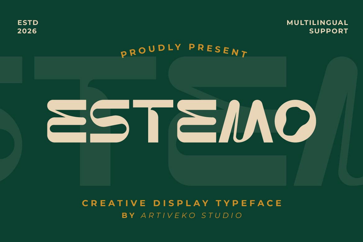 Estemo – Creative Display Font, a Sans Serif Font by Artiveko (Photo 1 of 6)