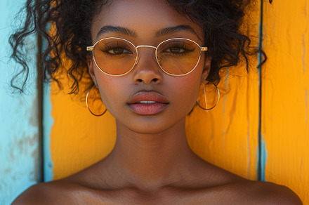 Stylish Portrait of a Woman with Sunglasses Against a Colorful Background, a Photo by AS photostudio