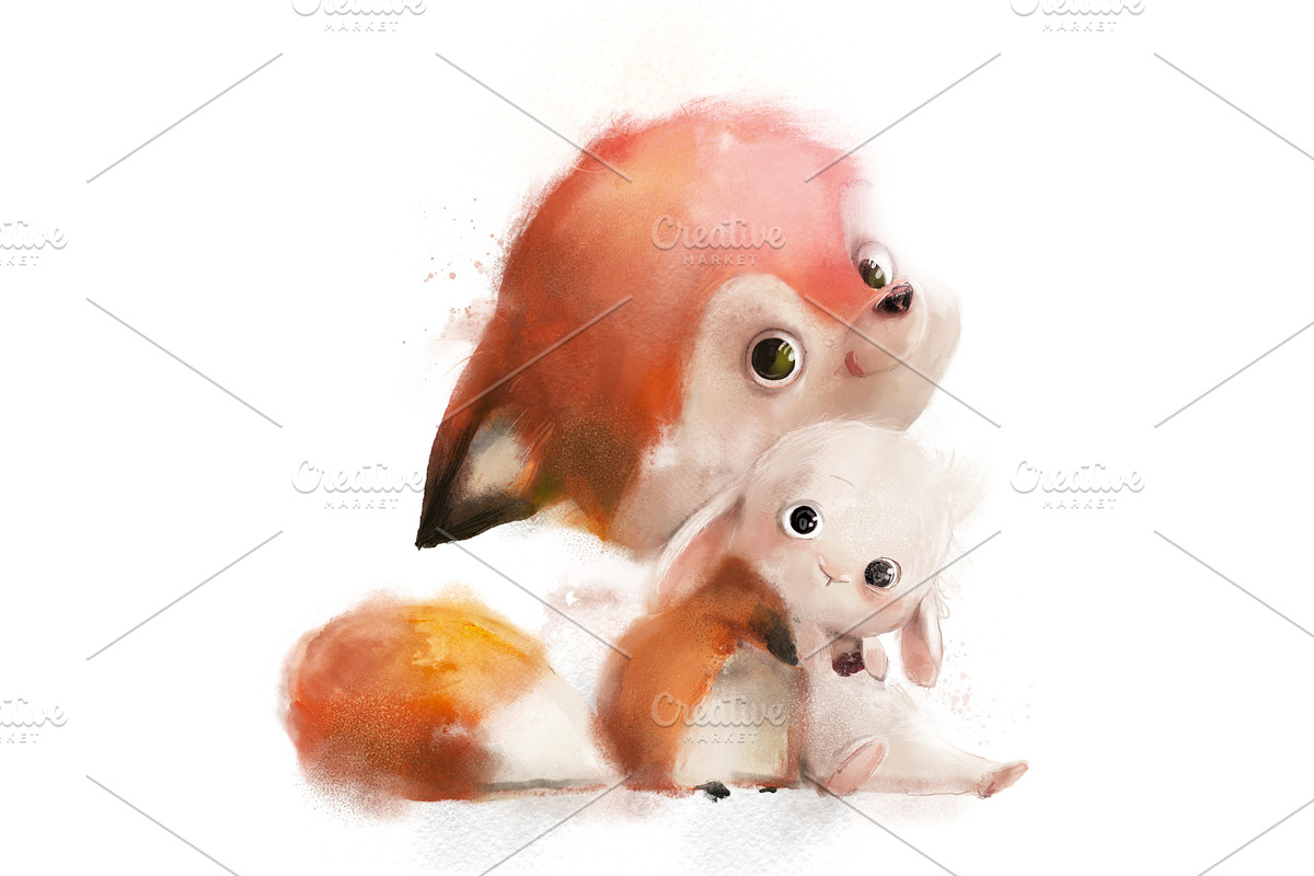 cute fox with white hare hugging, an Animal Illustration by Eve Farb