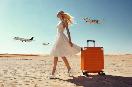 Woman with suitcase enjoys travel near busy airport., a Holiday Photo by OSORIOartist