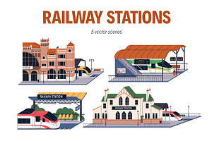 Train stations, railway building set, a Transportation Illustration by Good Studio