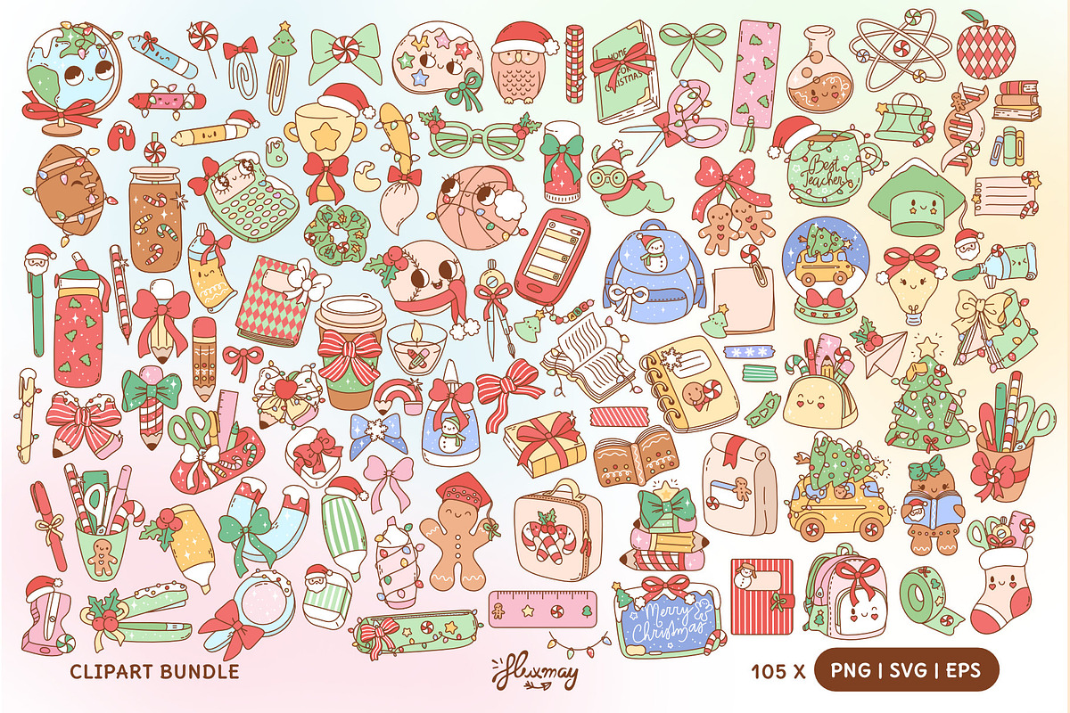 Cute Christmas School Clipart Bundle, an Education Illustration by Huxmay (Photo 2 of 7)