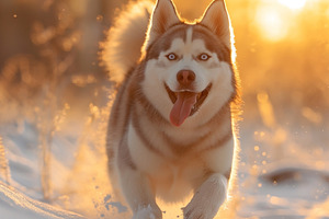 A happy Siberian Husky running through the snow at sunset, showcasing its playf, an Animal Photo by ImageMir