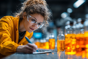 Scientist in laboratory analyzing liquids in glass bottles with focus on accura, an Industrial Photo by AS photostudio