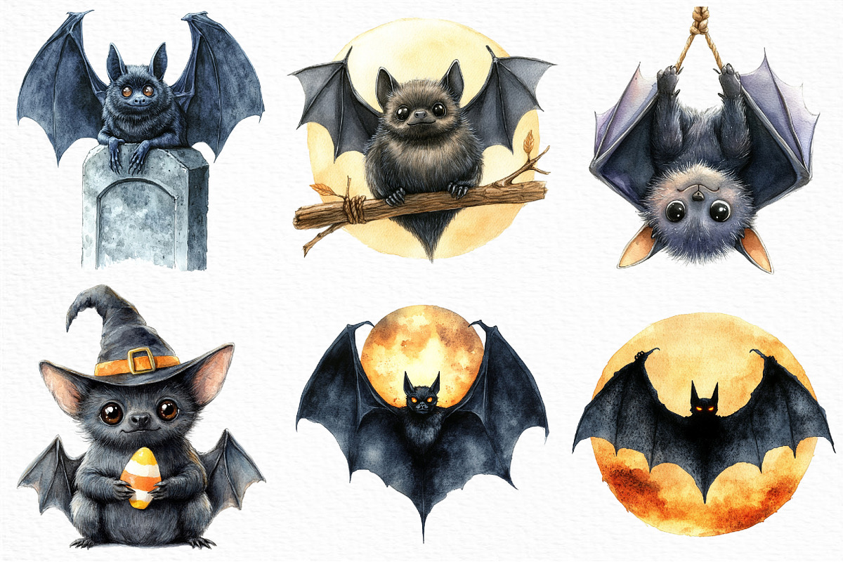 Watercolor Halloween Bat Clipart, an Illustration by Craft Nest (Photo 5 of 6)