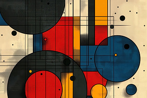 A vibrant abstract composition featuring geometric shapes in red, a Decorative Illustration by ImageMir