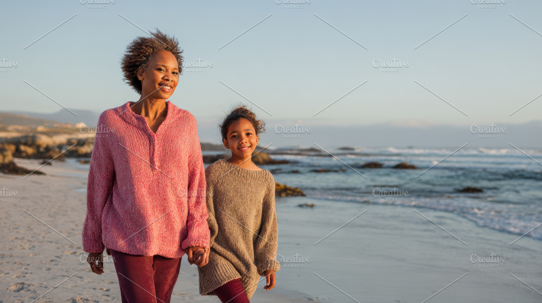 Mom and daughter walk beach, a Photo by Beautiful things