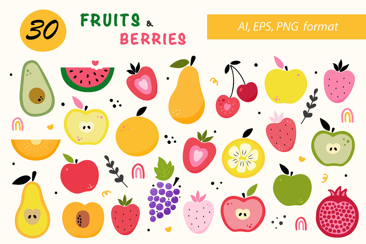 Set of bright fruits and berries, an Illustration by Mila_art