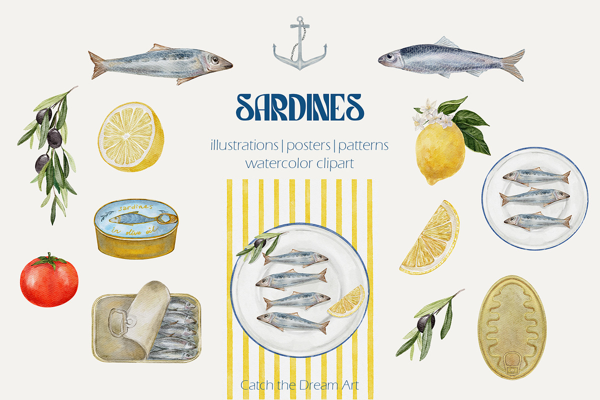 Sardine Watercolor Aesthetic, a Food Illustration by Catch the Dream Art (Photo 1 of 10)