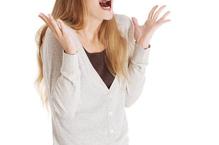 Beautiful positive and casual woman expressing surprise stock photo