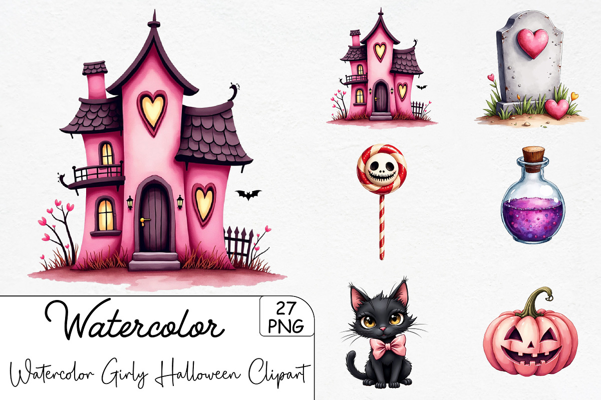 Watercolor Girly Halloween Clipart P, an Illustration by CrexoraLab (Photo 1 of 5)