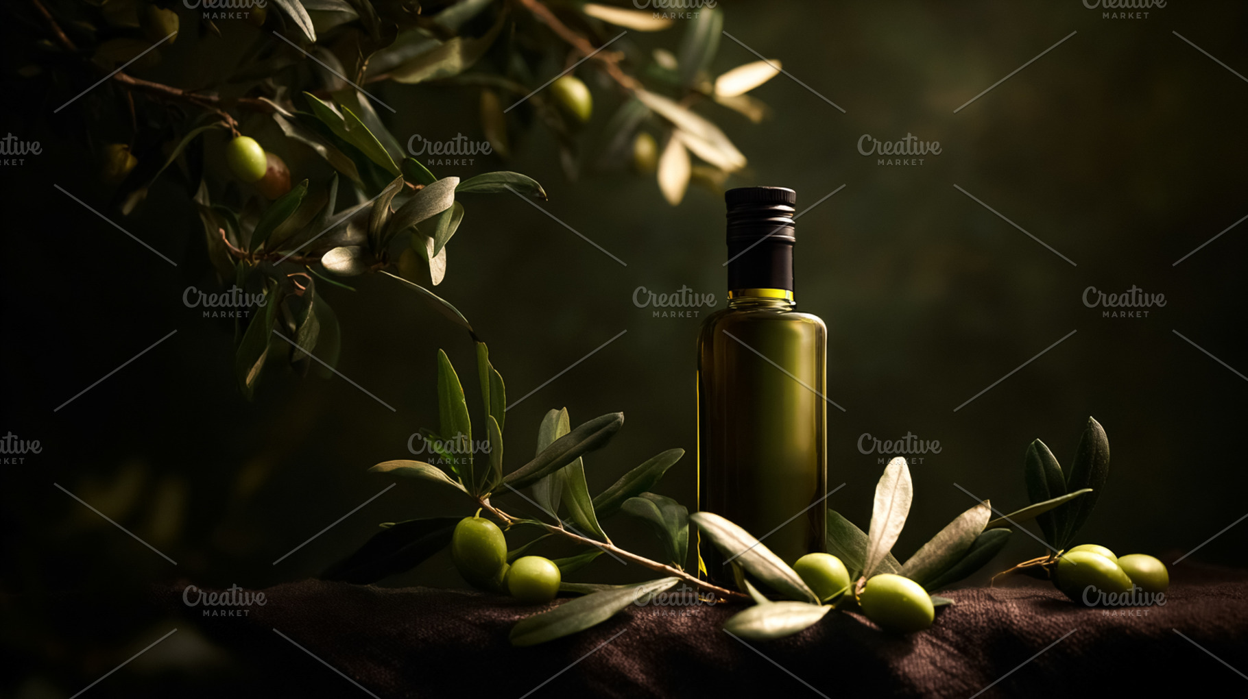 Olive oil bottle standing on a rustic cloth with fresh green oli, a Photo by Studio ANNA