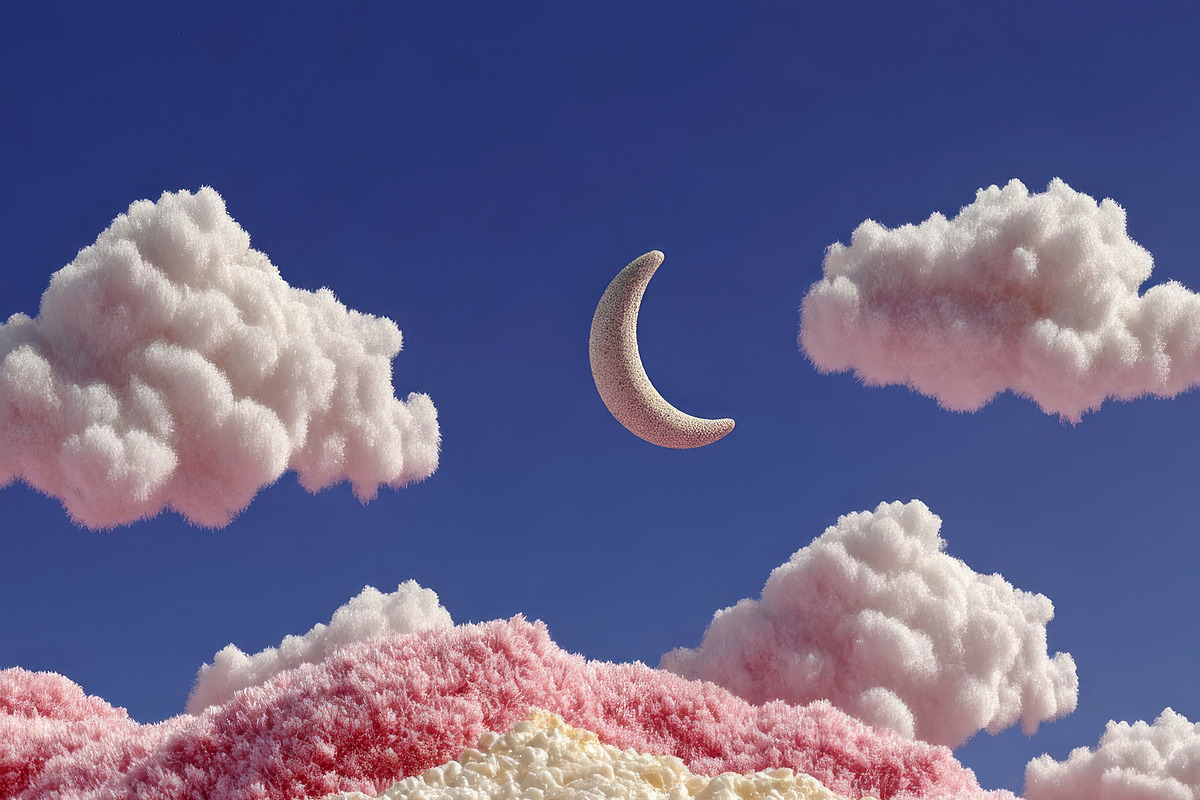 Fried egg on textured pink surface with fluffy white clouds and, a Decorative Illustration by José Manuel Gelpi