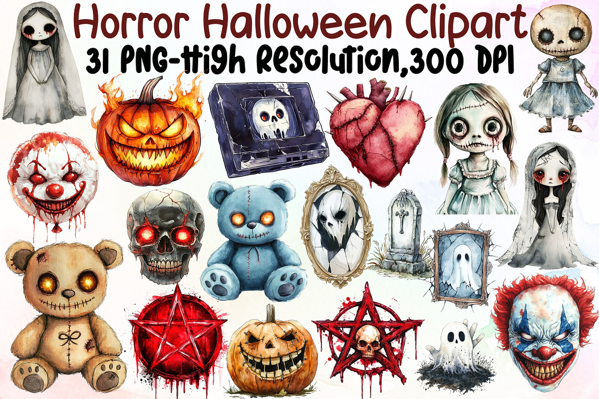 Watercolor Horror Halloween Clipart, an Illustration by Sublimation Artist (Photo 1 of 6)