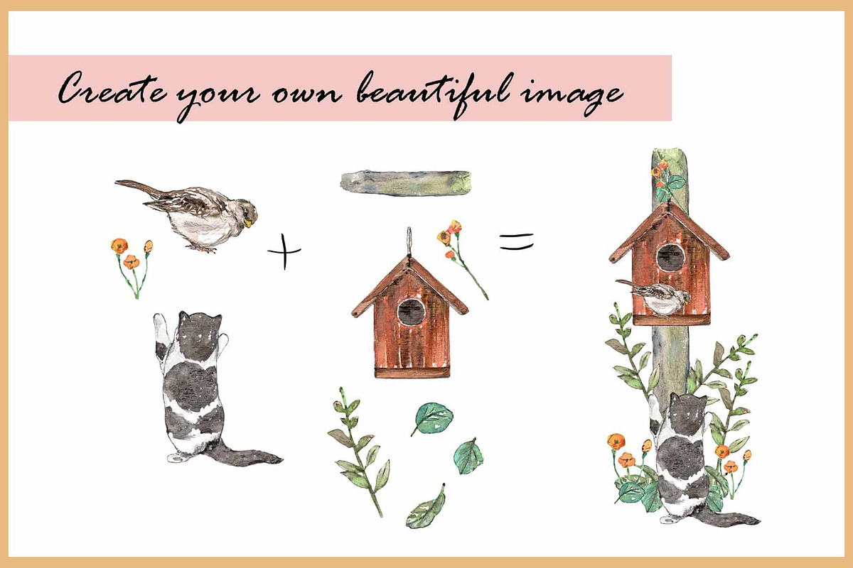 Birds & Cats-Watercolor Clipart, an Animal Illustration by VianneArt (Photo 5 of 9)