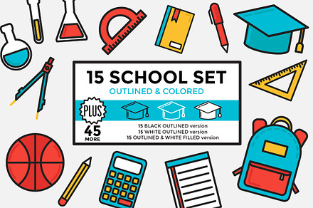 School Set Outlined & Colored, an Outline Icon by DeniseUytiepo