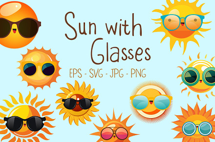 Sun with Glasses Set Illustrations