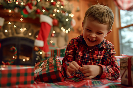 Boy Unwrapping His Christmas Gifts, a Holiday Photo by Andy Dean Photography