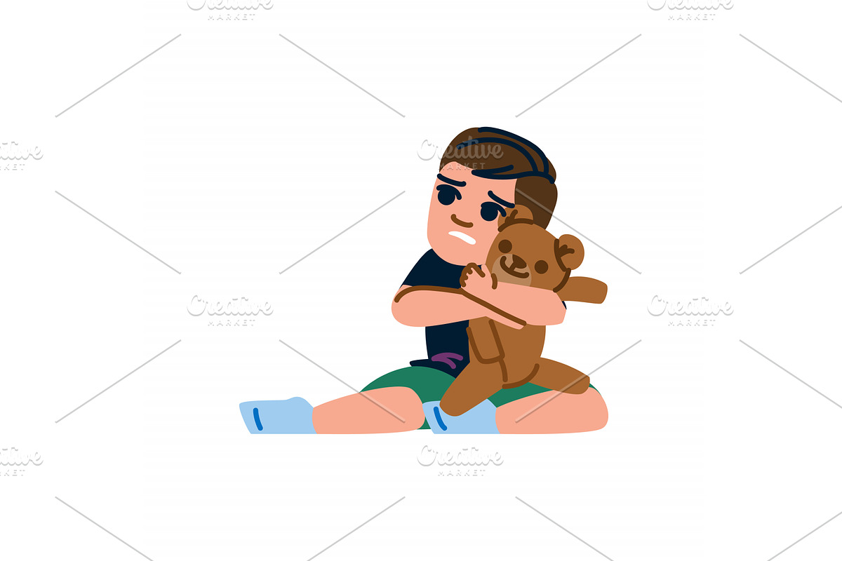 Sad child hugging teddy bear feeling, an Illustration by pikepicture