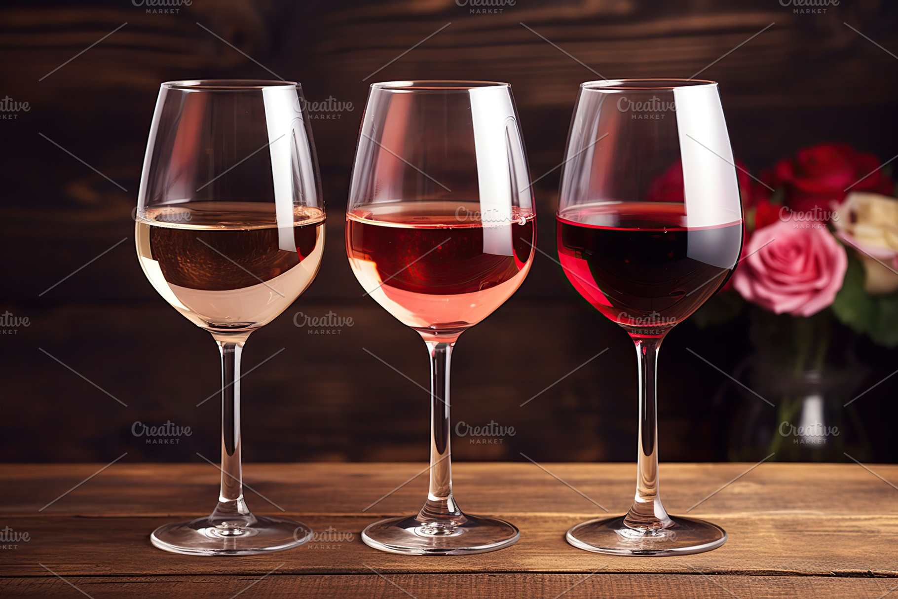 Different wine in glasses on wooden background, a Food & Drink Photo by AlyaAnd