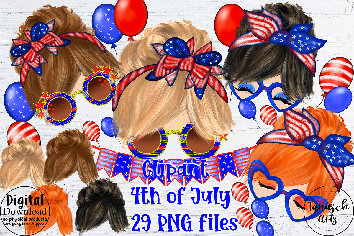 4th of July Clipart Messy Bun Girls, an Illustration by TanuschArts (Photo 1 of 4)
