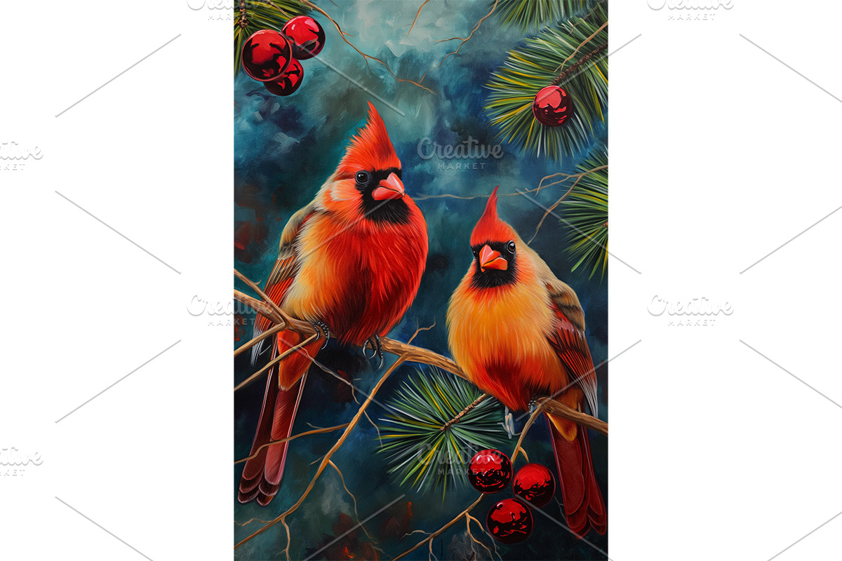 Festive Cardinals in Pine Scene Art, an Animal Illustration by Art Paradise Studios