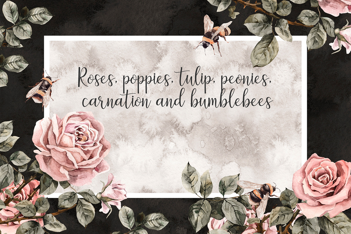 Dark vintage flowers and bees set, an Illustration by Alamella (Photo 4 of 9)