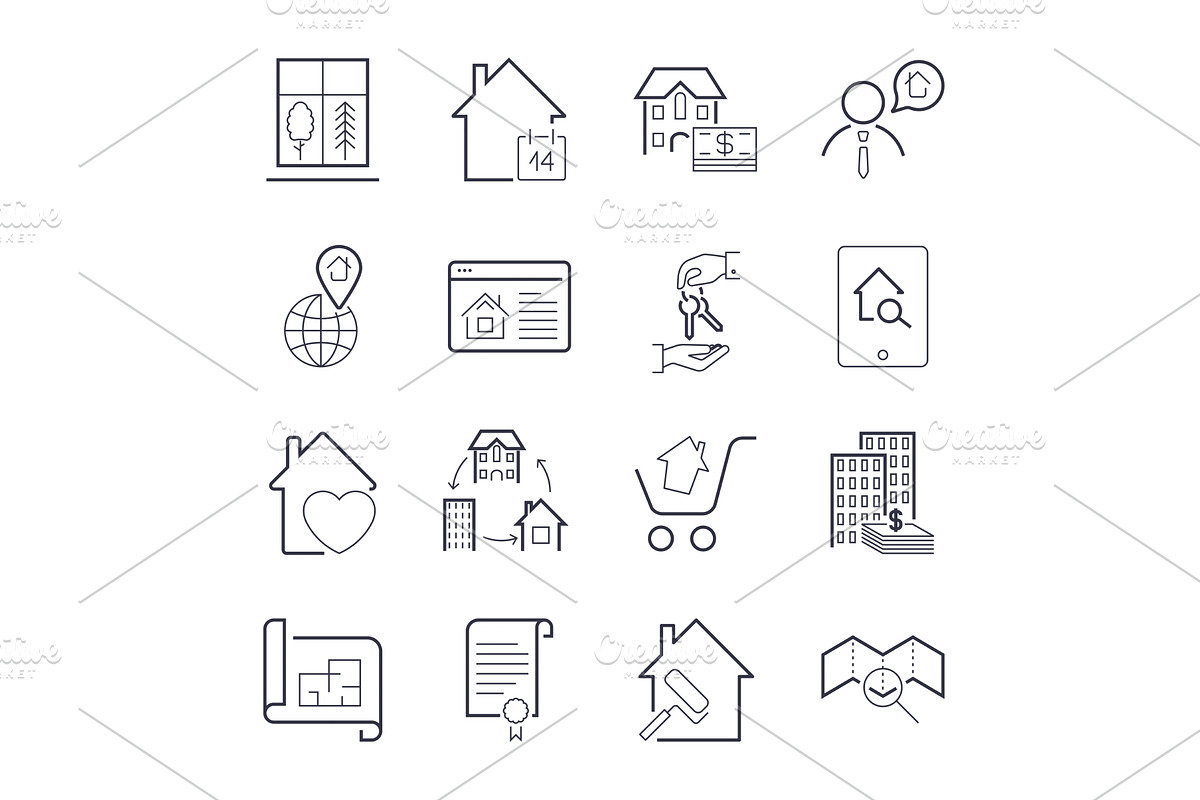 Real estate thin line art icons set, an Illustration by defmorph