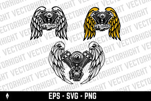Set of winged motorcycle engine., a Transportation Illustration by Vectorhight