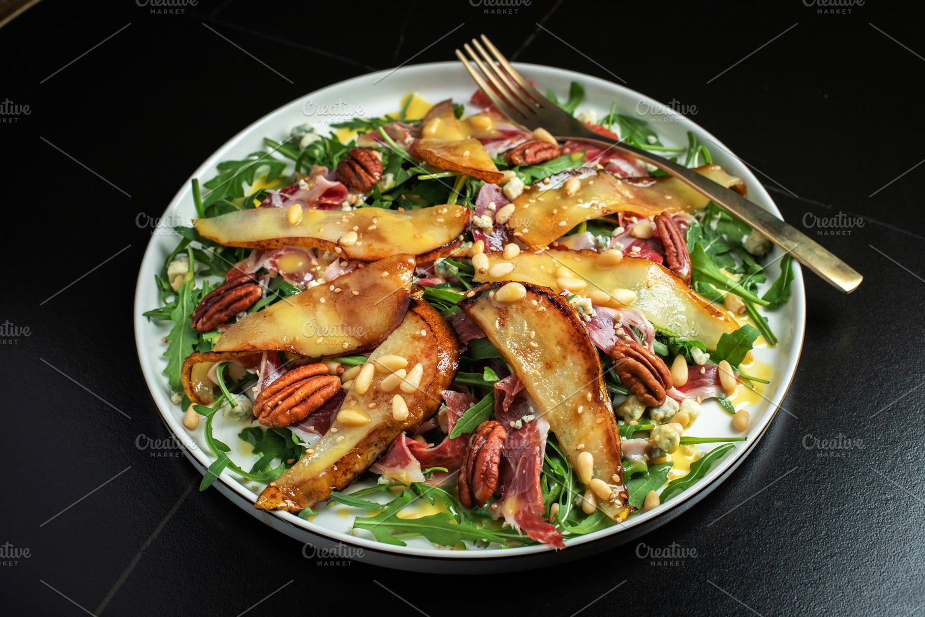 Salad with Pear, Arugula, Jamon, Blue Cheese and Blueberry, Deli, a Food & Drink Photo by Budarinphoto