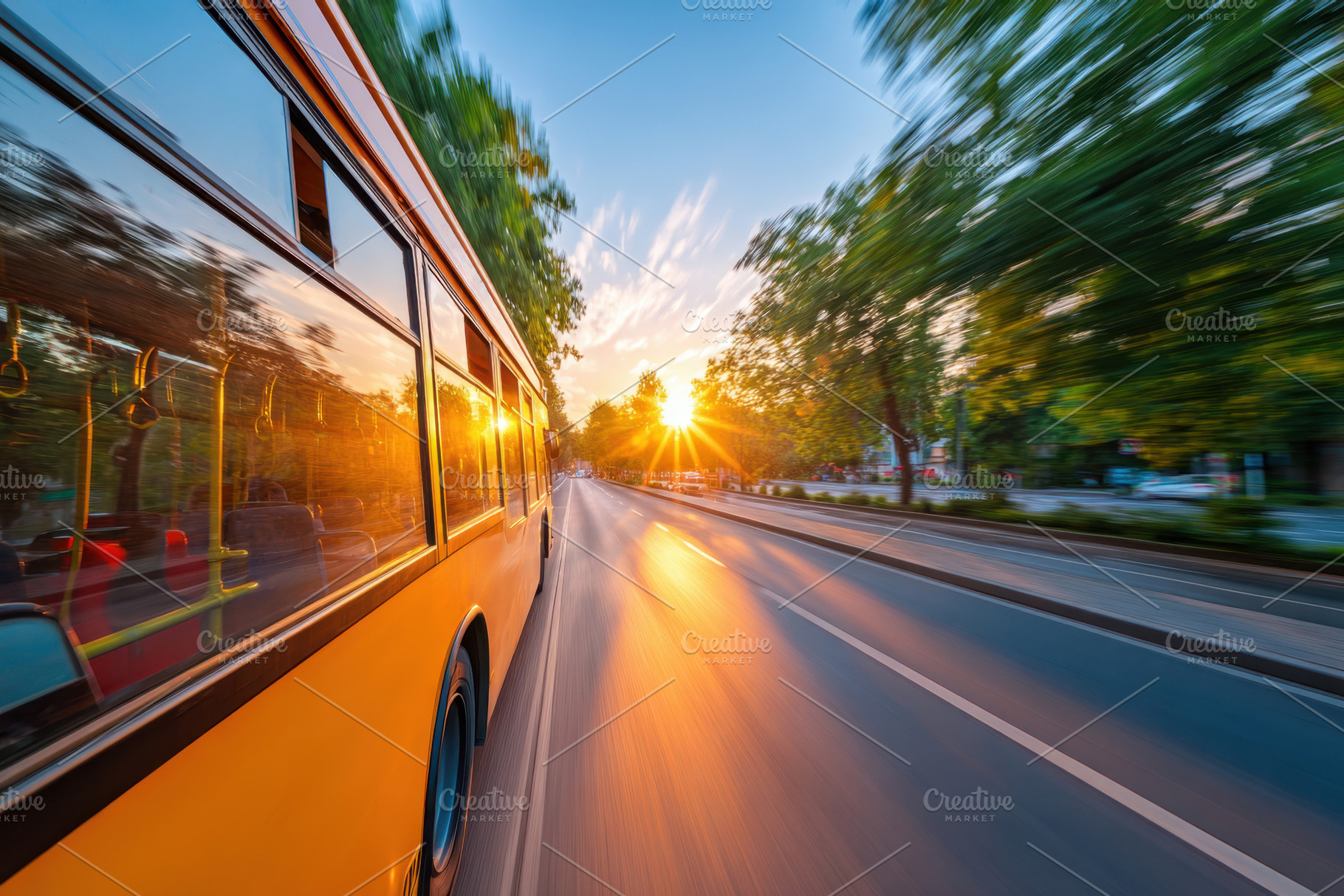 Modern city bus driving at sunset, a Transportation Photo by AlyaAnd