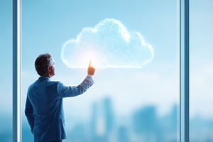 Businessman interacting with digital cloud interface, a Business Photo by AlyaAnd