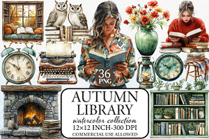 Watercolor Autumn Library Clipart, an Illustration by Libby Wishes
