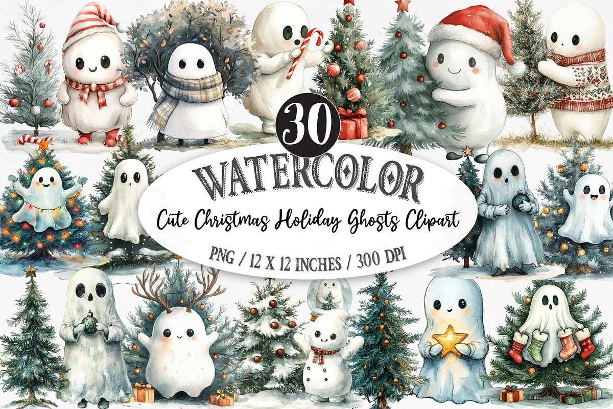 Cute Christmas Holiday Ghosts PNG, an Illustration by Designking (Photo 1 of 5)