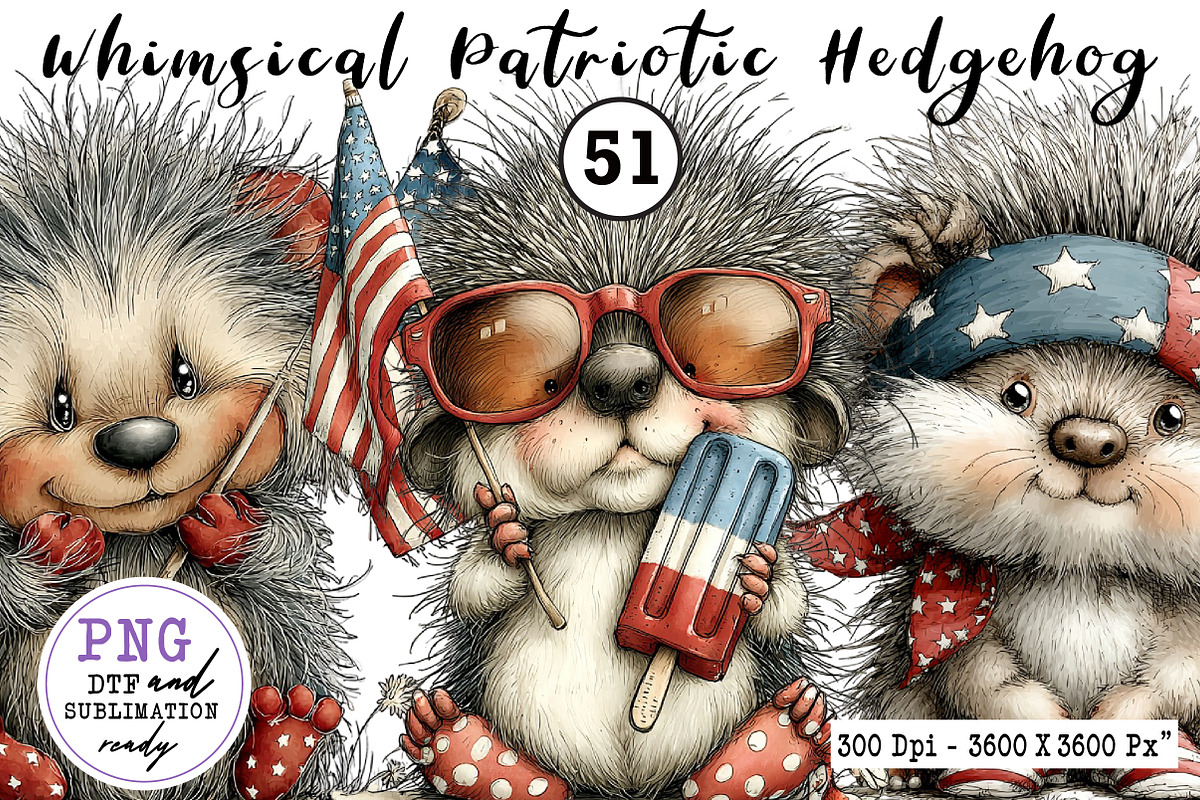 Whimsical Patriotic Hedgehog Clipart, an Animal Illustration by CreationArt (Photo 1 of 7)