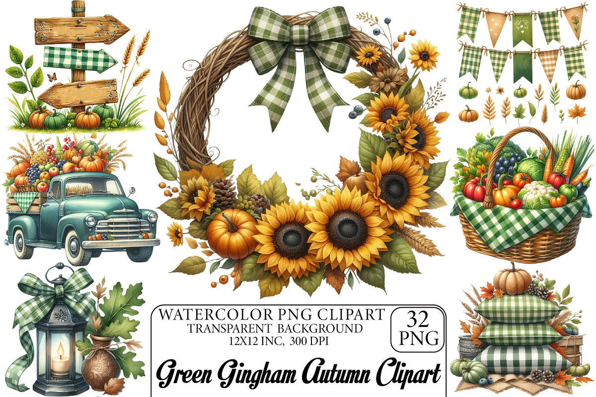 Green Gingham Autumn Clipart, an Illustration by DreamPrint404 (Photo 1 of 6)
