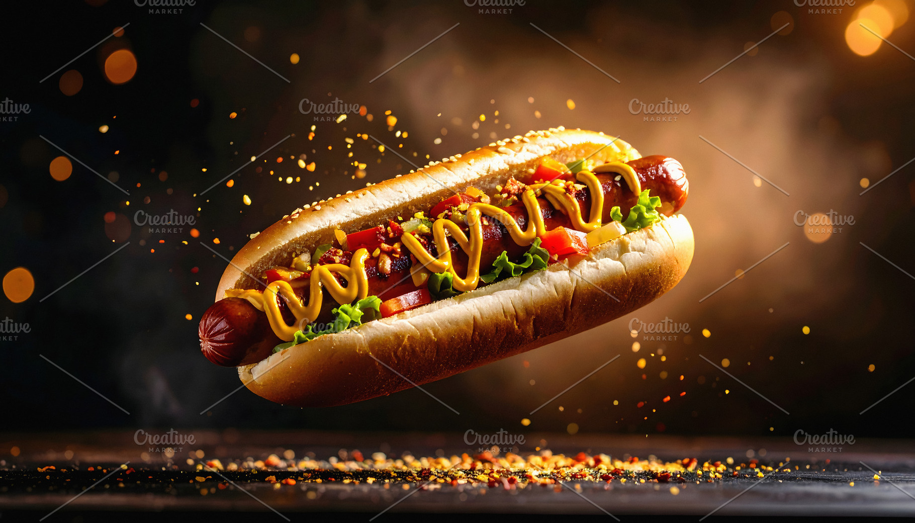 Classic hot dog floating in mid air with toppings, a Food & Drink Photo by GoodGoods