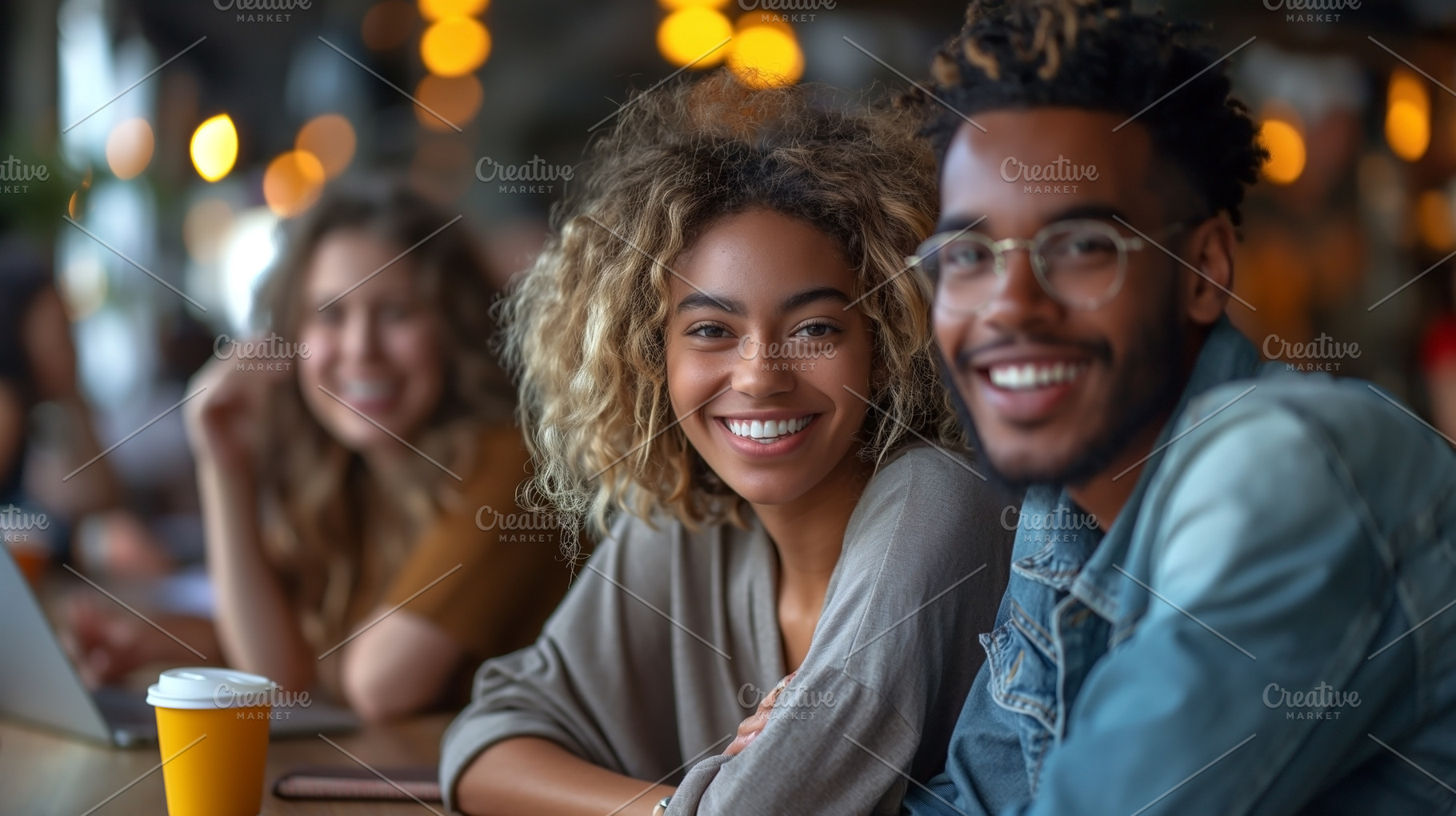 A joyful group of diverse young adults smiling while enjoying coffee in a cozy, a Person Photo by ImageMir