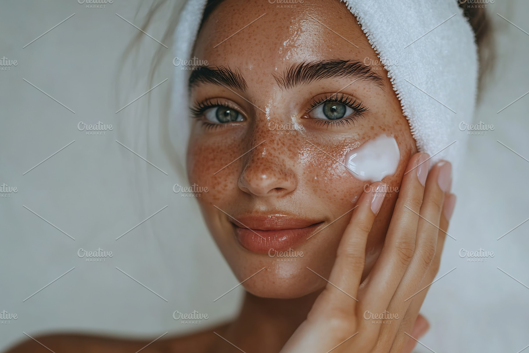 Young woman applying skincare cream to her face, a Person Photo by AlyaAnd