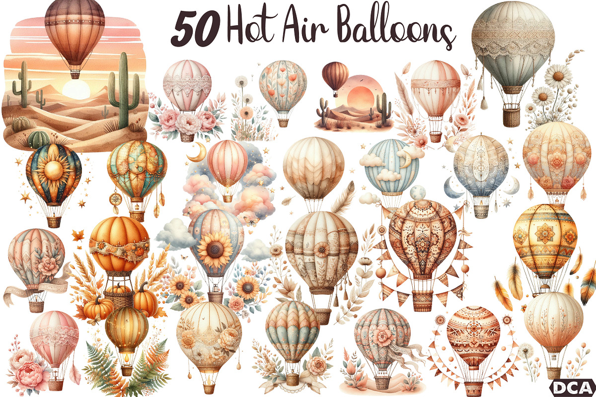 Watercolor Hot Air Balloons Boho PNG, an Illustration by DreamCafeArt (Photo 1 of 6)