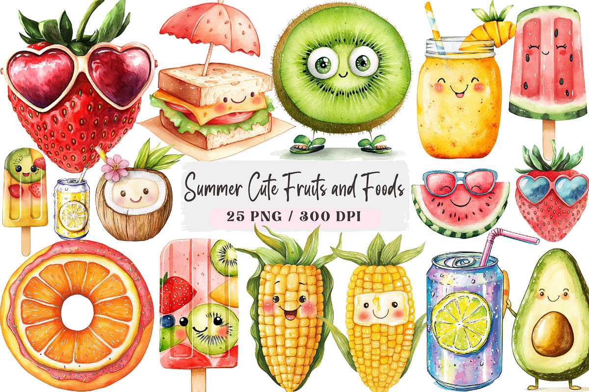 Summer Cute Fruits and Foods Clipart, a Seasonal Illustration by DreamArtGraphic (Photo 1 of 4)