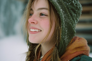 Girl Smiling Outside of Snowy Cabin, a Person Photo by k.tay
