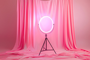 Selfie light lamp on pink fabric textile background, a Technology Photo by AlyaAnd