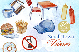 Small Town Diner Watercolor Clipart, a Decorative Illustration by ArtCreationsDesign