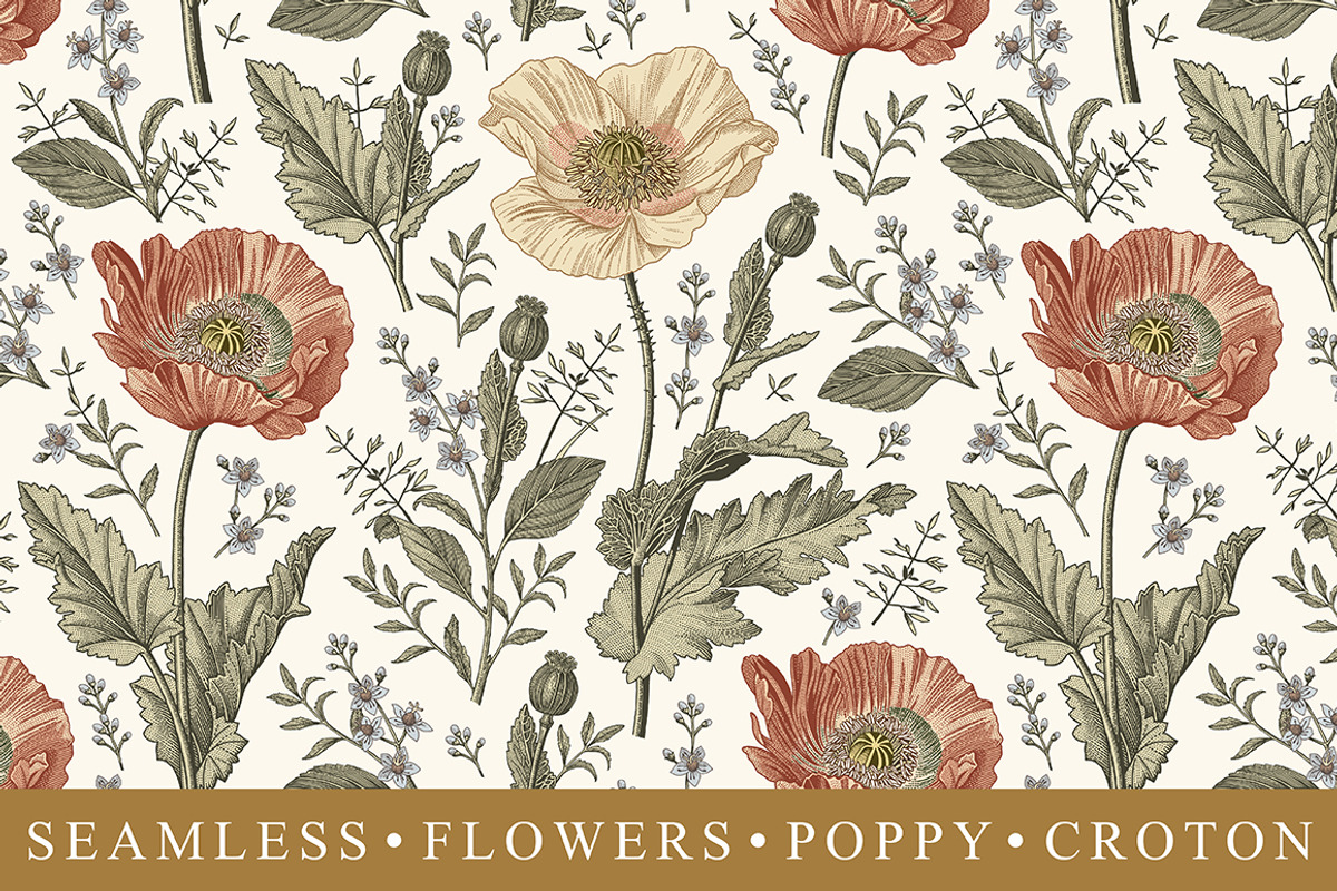 Seamless Set Flowers Poppy Poppies, a Pattern Graphic by Vintage (Photo 1 of 11)