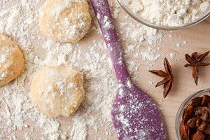 Macro of freshly made anise cookies on wooden bench top, a Food & Drink Photo by Davizro's Market